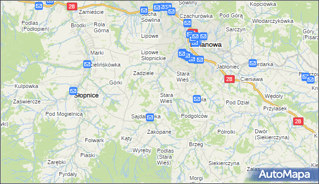 mapa Stara Wieś gmina Limanowa, Stara Wieś gmina Limanowa na mapie Targeo