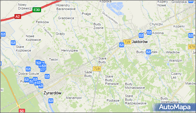 mapa Stare Budy gmina Jaktorów, Stare Budy gmina Jaktorów na mapie Targeo