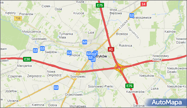 mapa Stryków powiat zgierski, Stryków powiat zgierski na mapie Targeo