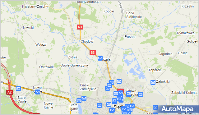 mapa Strzała gmina Siedlce, Strzała gmina Siedlce na mapie Targeo