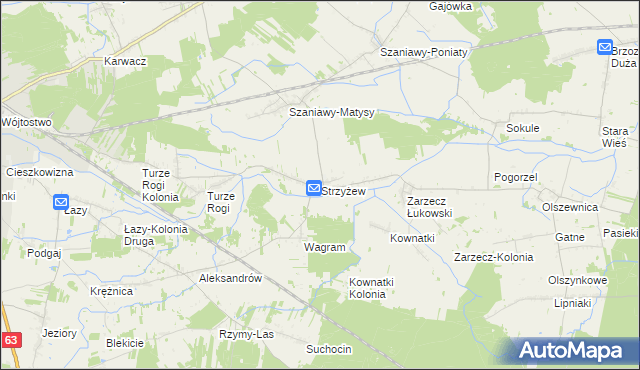 mapa Strzyżew gmina Łuków, Strzyżew gmina Łuków na mapie Targeo