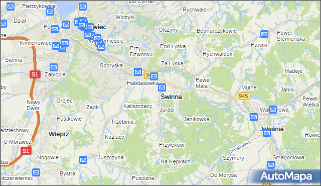 mapa Świnna powiat żywiecki, Świnna powiat żywiecki na mapie Targeo