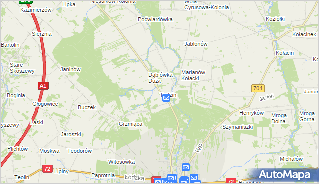 mapa Tadzin gmina Brzeziny, Tadzin gmina Brzeziny na mapie Targeo