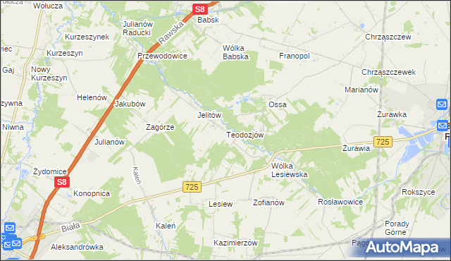 mapa Teodozjów gmina Biała Rawska, Teodozjów gmina Biała Rawska na mapie Targeo