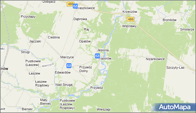 mapa Toporów gmina Wierzchlas, Toporów gmina Wierzchlas na mapie Targeo