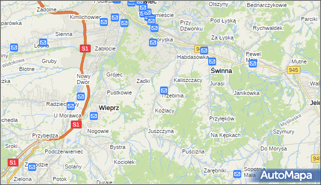 mapa Trzebinia gmina Świnna, Trzebinia gmina Świnna na mapie Targeo