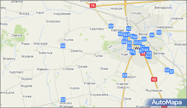 mapa Turów gmina Wieluń, Turów gmina Wieluń na mapie Targeo