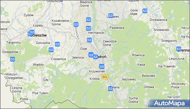 mapa Ustroń powiat cieszyński, Ustroń powiat cieszyński na mapie Targeo