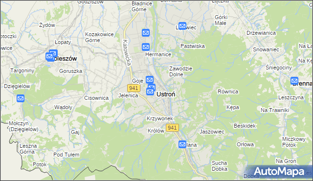 mapa Ustroń powiat cieszyński, Ustroń powiat cieszyński na mapie Targeo