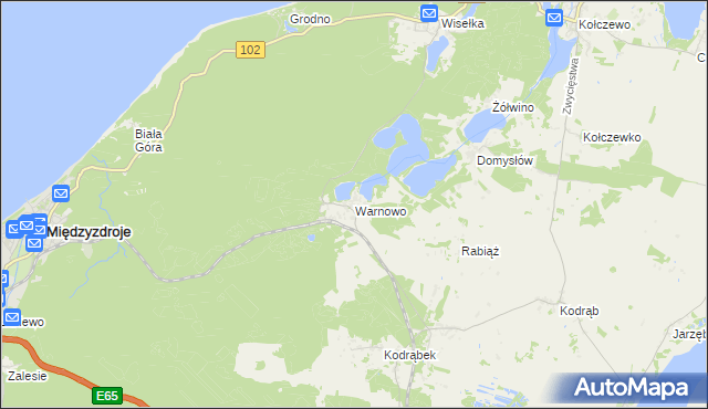 mapa Warnowo gmina Wolin, Warnowo gmina Wolin na mapie Targeo