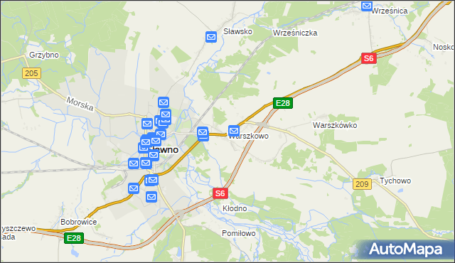 mapa Warszkowo gmina Sławno, Warszkowo gmina Sławno na mapie Targeo