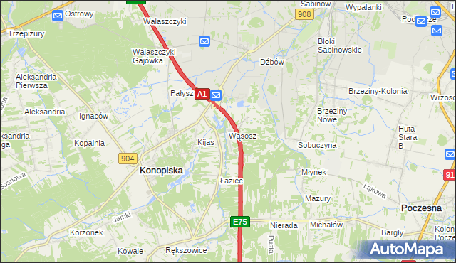 mapa Wąsosz gmina Konopiska, Wąsosz gmina Konopiska na mapie Targeo