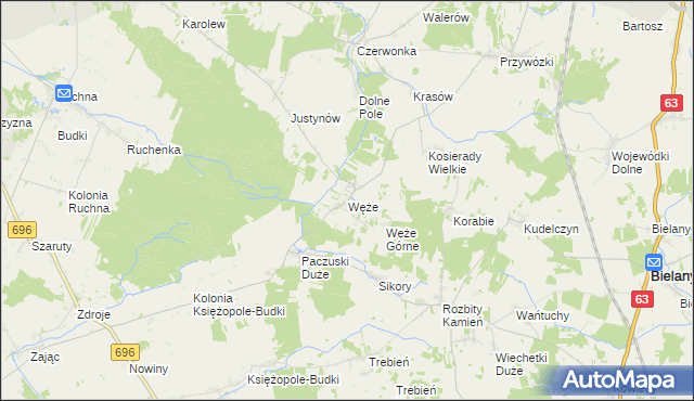 mapa Węże gmina Sokołów Podlaski, Węże gmina Sokołów Podlaski na mapie Targeo