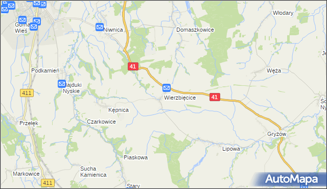 mapa Wierzbięcice gmina Nysa, Wierzbięcice gmina Nysa na mapie Targeo