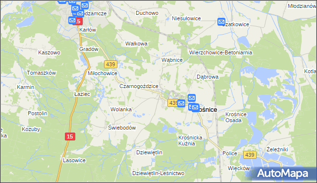mapa Wierzchowice gmina Krośnice, Wierzchowice gmina Krośnice na mapie Targeo