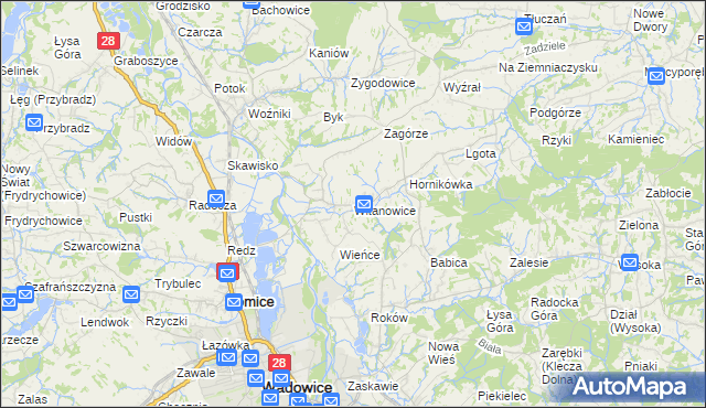 mapa Witanowice gmina Tomice, Witanowice gmina Tomice na mapie Targeo