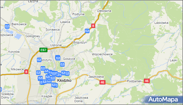 mapa Wojciechowice gmina Kłodzko, Wojciechowice gmina Kłodzko na mapie Targeo