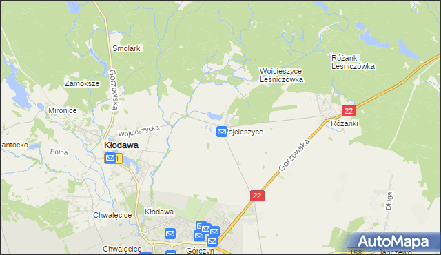 mapa Wojcieszyce gmina Kłodawa, Wojcieszyce gmina Kłodawa na mapie Targeo