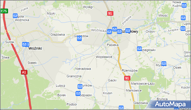 mapa Wojsławice gmina Koziegłowy, Wojsławice gmina Koziegłowy na mapie Targeo