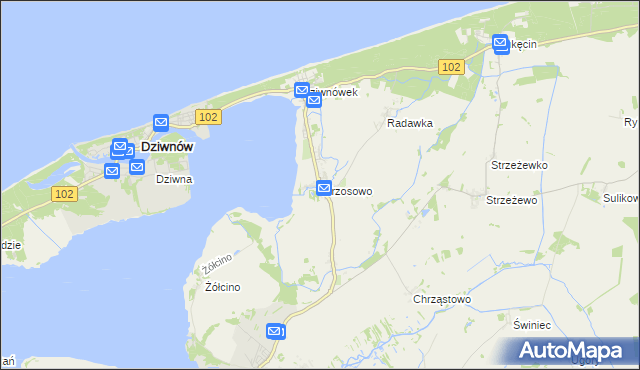 mapa Wrzosowo gmina Kamień Pomorski, Wrzosowo gmina Kamień Pomorski na mapie Targeo
