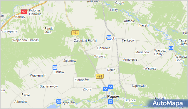 mapa Wrzosy gmina Popów, Wrzosy gmina Popów na mapie Targeo
