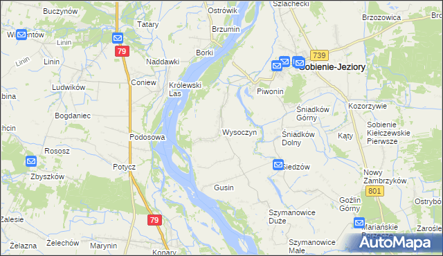 mapa Wysoczyn gmina Sobienie-Jeziory, Wysoczyn gmina Sobienie-Jeziory na mapie Targeo