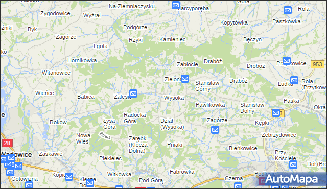 mapa Wysoka gmina Wadowice, Wysoka gmina Wadowice na mapie Targeo