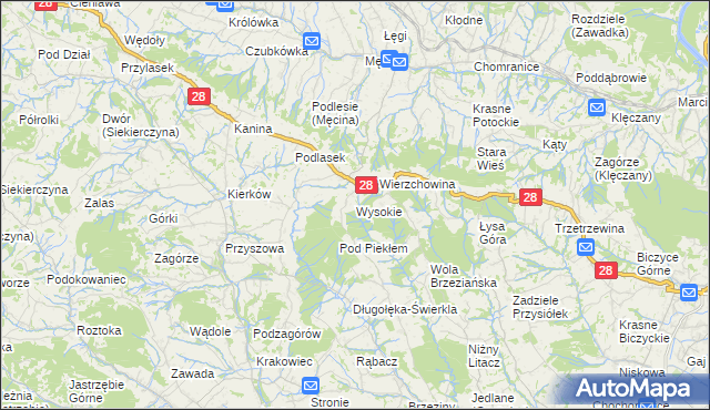 mapa Wysokie gmina Limanowa, Wysokie gmina Limanowa na mapie Targeo