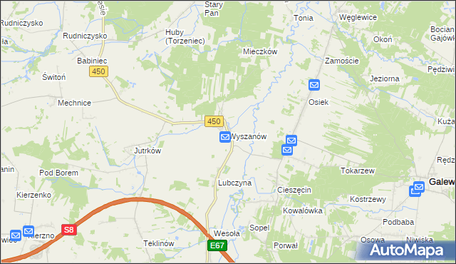 mapa Wyszanów gmina Wieruszów, Wyszanów gmina Wieruszów na mapie Targeo