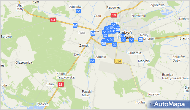 mapa Zabiele gmina Radzyń Podlaski, Zabiele gmina Radzyń Podlaski na mapie Targeo