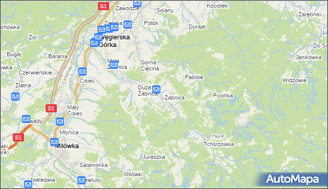 mapa Żabnica gmina Węgierska Górka, Żabnica gmina Węgierska Górka na mapie Targeo