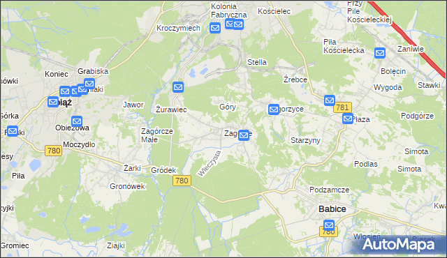 mapa Zagórze gmina Babice, Zagórze gmina Babice na mapie Targeo