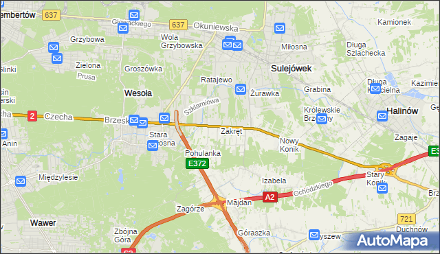 mapa Zakręt gmina Wiązowna, Zakręt gmina Wiązowna na mapie Targeo
