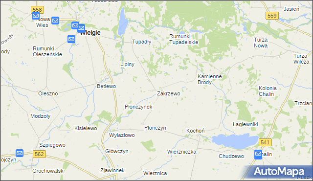 mapa Zakrzewo gmina Wielgie, Zakrzewo gmina Wielgie na mapie Targeo