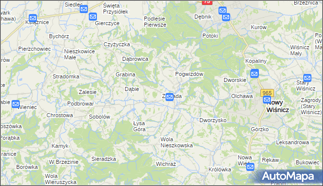 mapa Zawada gmina Bochnia, Zawada gmina Bochnia na mapie Targeo