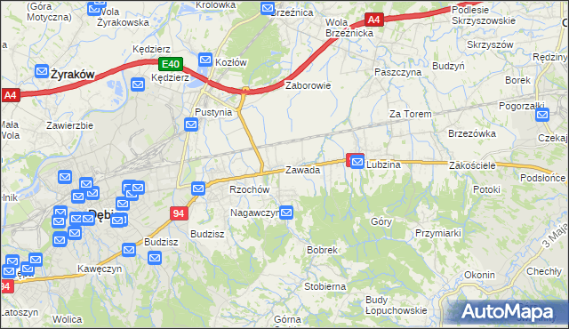 mapa Zawada gmina Dębica, Zawada gmina Dębica na mapie Targeo