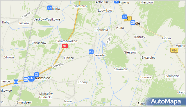 mapa Zawada gmina Kłomnice, Zawada gmina Kłomnice na mapie Targeo