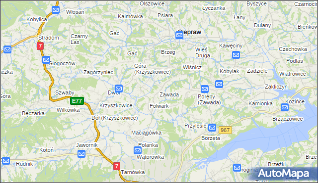 mapa Zawada gmina Myślenice, Zawada gmina Myślenice na mapie Targeo