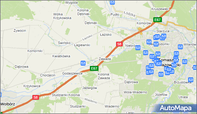 mapa Zawada gmina Tomaszów Mazowiecki, Zawada gmina Tomaszów Mazowiecki na mapie Targeo
