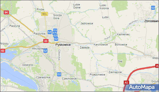 mapa Zawada gmina Zbrosławice, Zawada gmina Zbrosławice na mapie Targeo