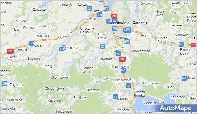 mapa Zawadka gmina Wadowice, Zawadka gmina Wadowice na mapie Targeo