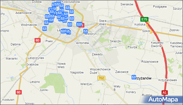 mapa Zawady gmina Krzyżanów, Zawady gmina Krzyżanów na mapie Targeo