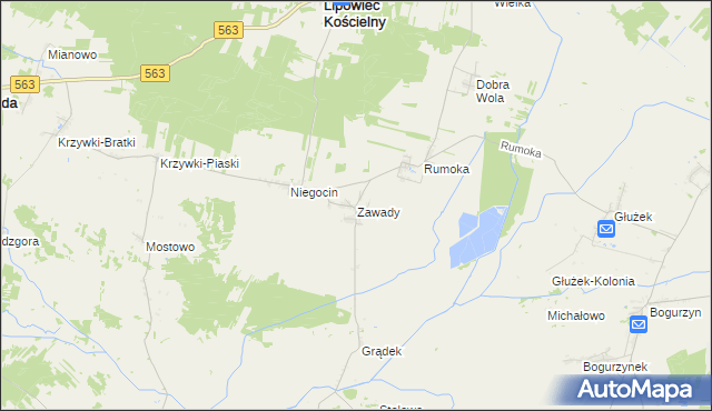 mapa Zawady gmina Lipowiec Kościelny, Zawady gmina Lipowiec Kościelny na mapie Targeo