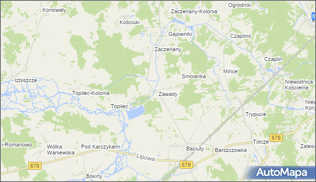 mapa Zawady gmina Turośń Kościelna, Zawady gmina Turośń Kościelna na mapie Targeo