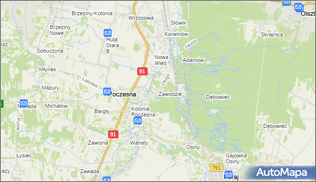 mapa Zawodzie gmina Poczesna, Zawodzie gmina Poczesna na mapie Targeo