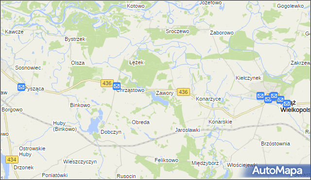 mapa Zawory gmina Książ Wielkopolski, Zawory gmina Książ Wielkopolski na mapie Targeo