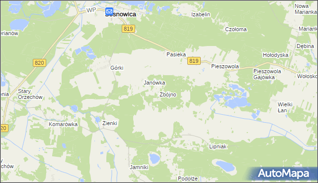 mapa Zbójno gmina Sosnowica, Zbójno gmina Sosnowica na mapie Targeo