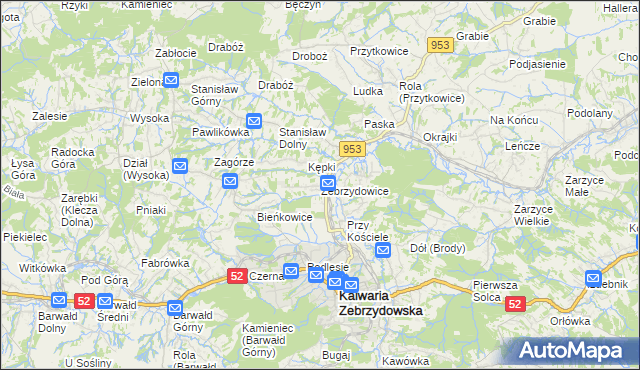 mapa Zebrzydowice gmina Kalwaria Zebrzydowska, Zebrzydowice gmina Kalwaria Zebrzydowska na mapie Targeo