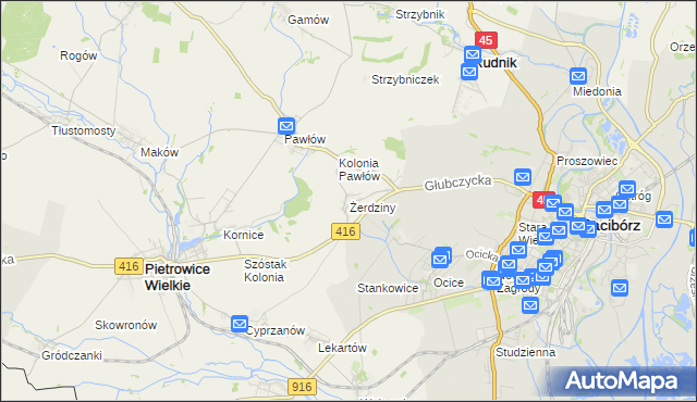 mapa Żerdziny gmina Pietrowice Wielkie, Żerdziny gmina Pietrowice Wielkie na mapie Targeo