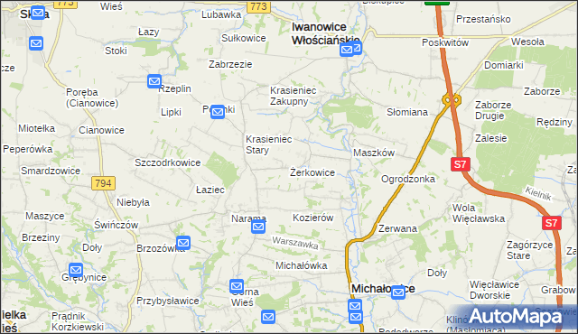 mapa Żerkowice gmina Iwanowice, Żerkowice gmina Iwanowice na mapie Targeo